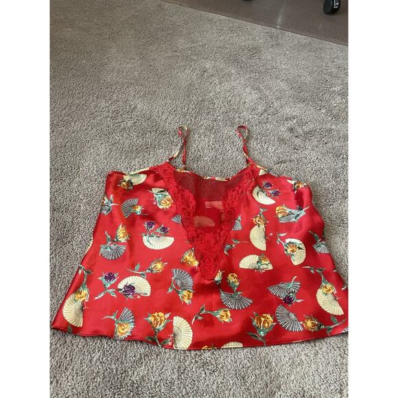 Vintage Sexy Red Satin 2-Piece Lingerie Set | Floral Print Cami Top Trim Panties - Picture 9 of 9